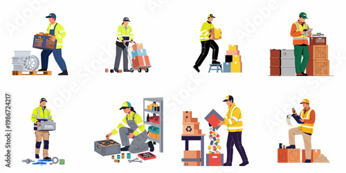 Flat vector illustration set of warehouse workers performing various logistics tasks like carrying boxes, managing inventory, and sorting goods.
