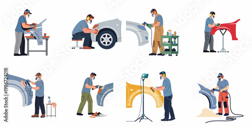 Professional Car Body Repair Workers Sanding and Polishing Vehicle Parts in a Workshop Illustration Set