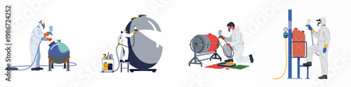 Set of Flat Vector Illustrations Showing Industrial Workers Wearing Protective Suits and Masks Spray Painting Various Metal Tanks and Containers.