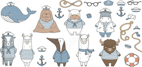 Cute Nautical Animal Characters Collection with Whale Walrus Llama Penguin and Buffalo in Sailor Outfit Maritime Theme Vector Illustration Set
