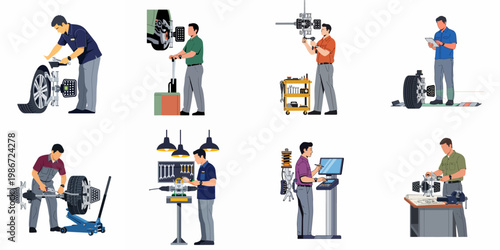 Collection of professional mechanics performing wheel alignment, tire balancing, and automotive maintenance services in a workshop, flat vector illustration.