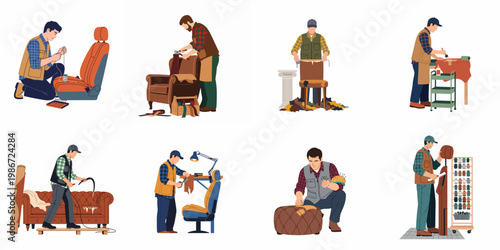 Flat vector set of professional upholsterers repairing and restoring various furniture pieces, including car seats, armchairs, and sofas in a workshop.
