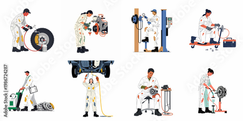 Collection of male and female professional auto mechanics repairing car brakes, engines, and wheels in a garage or workshop setting.