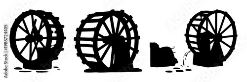 Water wheel set with black silhouette against stark white background featuring engineering, mechanical, historical with industrial and heritage