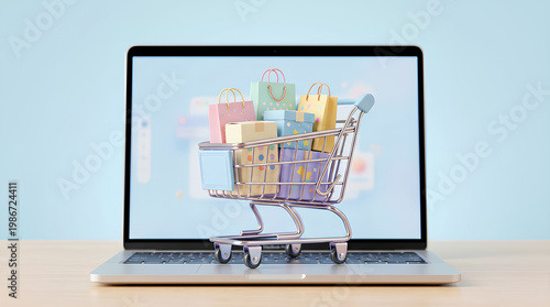 3D shopping cart A laptop with a shopping cart full of packages in front of a blue background, representing the convenience of online shopping.