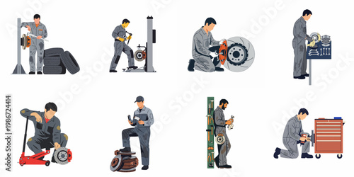 Collection of professional auto mechanics repairing car brakes and wheels using various tools in a garage, flat vector illustration set.