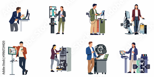 Illustration set of professional engineers and technicians working with advanced automotive diagnostic and industrial equipment in a modern workshop setting.