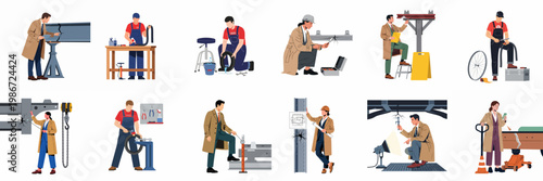 Illustrations of professional inspectors and mechanics performing quality control, structural assessments, and mechanical repairs on various industrial equipment and components.