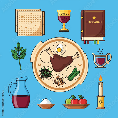 A colorful illustration of Passover symbols and foods