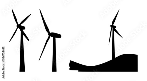 Wind turbine set with black silhouette on white background featuring renewable energy, sustainable power, and clean technology with wind energy and environmental design