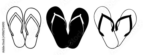 Flip flops icon set with simple black silhouette and white background featuring footwear, sandals, beachwear with iconography and design