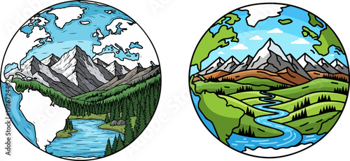 Vintage Earth Day illustration set, planet earth with mountain landscape and river, eco friendly nature conservation vector icons