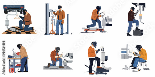 Illustrations of professional mechanics and welders repairing car exhaust systems in various poses, featuring tools and equipment within an auto shop environment.