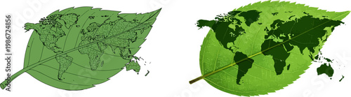 Eco-friendly world map on green leaf vector, environmental conservation concept with global earth map, sustainable nature and ecology icons