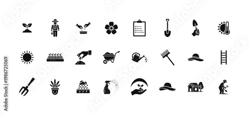 Gardening icon set with agriculture tools for farm work and planting activities including shovel rake watering can wheelbarrow sun seedling hat house farmer and greenhouse garden equipment