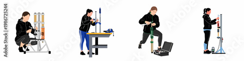 Set of flat vector illustrations of a woman mechanic repairing and testing automotive suspension systems and shock absorbers