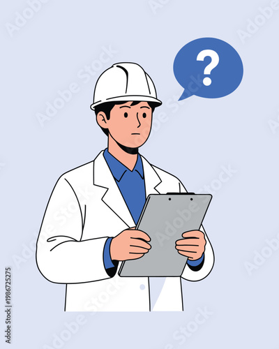 Professional engineer in white hard hat and lab coat holding clipboard looking confused with question mark speech bubble vector illustration flat cartoon style isolated on light background