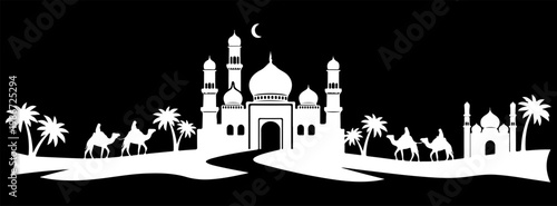 Islamic mosque silhouette with camel caravan and palm trees, white middle eastern architecture on black background, ramadan kareem vector illustration