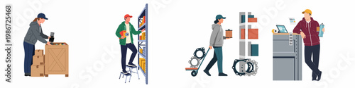 Flat illustration of warehouse workers managing automotive spare parts inventory, picking orders, packing boxes, and providing customer service at the counter.