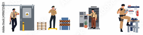 Collection of security guards in industrial and warehouse settings performing monitoring, inspection, and safety duties in professional uniforms.