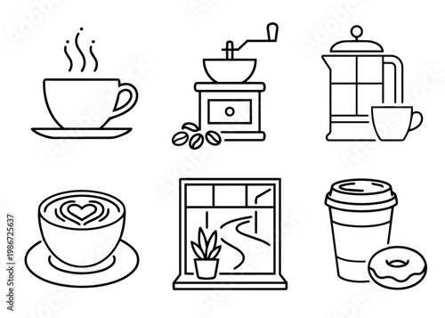 シンプルなコーヒー線画アイコンセット｜Coffee Line Icon Set, vector｜カフェ・ドリンク・ミニマルイラスト素材・ベクター