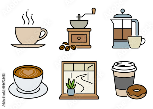 シンプルなコーヒー線画アイコンセット｜Coffee Line Icon Set, vector｜カフェ・ドリンク・ミニマルイラスト素材・カラー・ベクター