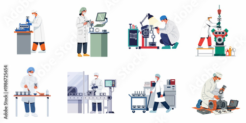 A set of engineers and technicians working on engine assembly, repair, and quality control in a modern industrial facility.