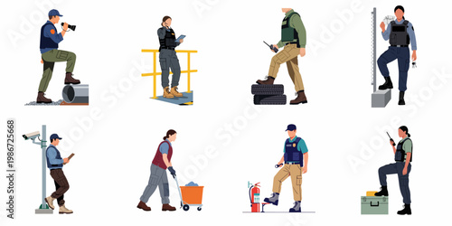 Collection of diverse security guard characters in uniform performing various safety and surveillance tasks in a flat illustration style.