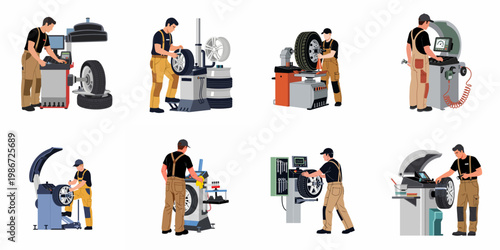 Comprehensive collection of auto mechanics performing professional tire fitting and computerized wheel balancing services using specialized workshop equipment on a white background.
