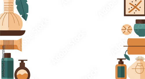 This is a flat vector background featuring various spa and wellness items like herbal compresses and bottles surrounding a central white space.
