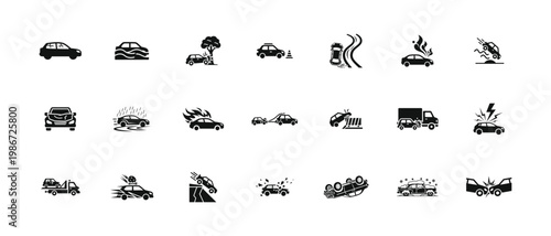 Car accident icons set depicting various road crash scenarios including collisions and vehicle damage elements for traffic safety education and insurance claim visualization graphics work.