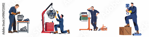Set of professional auto mechanic illustrations performing engine repairs, maintenance, and inspections in a workshop setting.