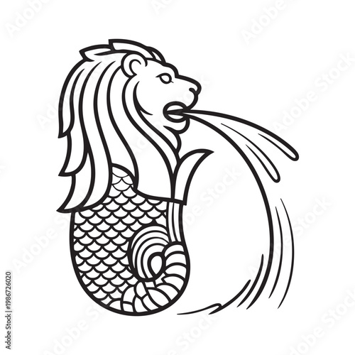 Fotografie Merlion Singapore Line Art Vector | Minimal Outline Icon & Landmark Illustration
