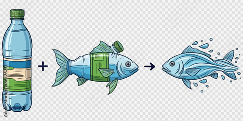 Ocean plastic pollution concept vector, fish made of plastic water bottle, environmental microplastic contamination in marine life illustration