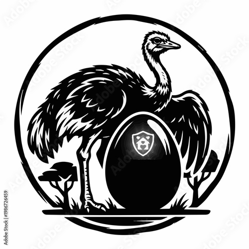 symbolic black and white icon of an ostrich guarding its massive egg. Represents financial investment, wealth protection, family security, and the nurturing of valuable assets.
 