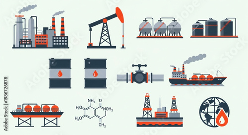 Oil and Gas Industry Icons - Production, Transportation, and Global Impact.