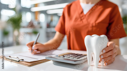white molar tooth model displayed prominently on a white desk, blurred dental receptionist in terracotta scrubs writing on clipboard and pressing calculator, modern dental clinic with natural 