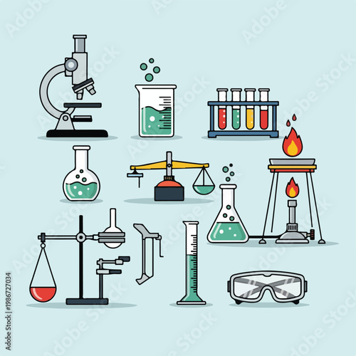 A colorful illustration of various laboratory equipment