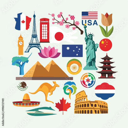 A colorful illustration of world landmarks and symbols