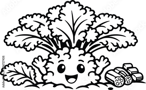 Cute cartoon kohlrabi vegetable character waving with black and white coloring page root vegetable