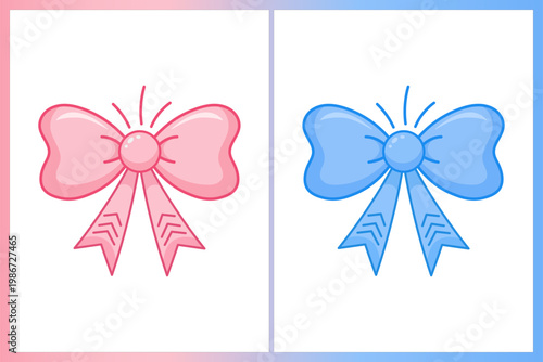 Cute ribbon bow set vector, pink and blue gift bow icons, decorative award badge, and festive decoration illustration