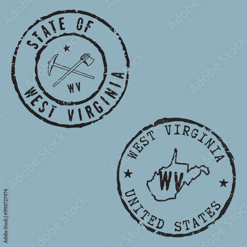 Two vintage postal stamps featuring West Virginia state, its traditional 'WV' abbreviation, partial emblem, and outline of the state border. Retro seal graphics for envelopes, greeting cards, passport