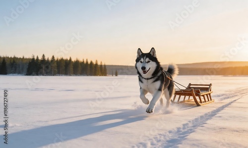 A happy husky dog pulls a sled across a snowy landscape during sunset with trees in the background
