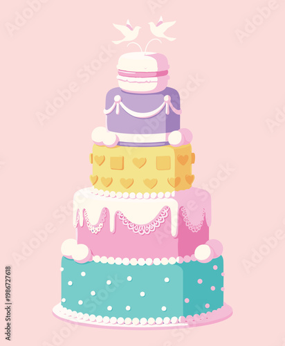 Detailed Multi Tiered Celebration Cake Illustration with Pastel Layers, Macaron, Dove Toppers, Hearts, and Dot Patterns for Weddings or Birthdays