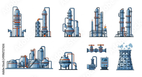 Oil Refinery Plant Illustrations - Industrial Processing and Manufacturing.