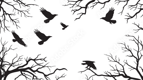 Spooky halloween graveyard scene with bare trees tombstones and flying bats on white background