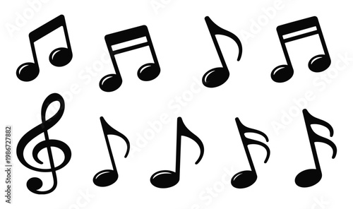 Set of eight black musical note symbols including a treble clef eighth notes sixteenth notes and quarter notes isolated on a white background for music notation and