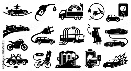 A comprehensive set of black and white icons illustrating electric vehicles, charging infrastructure, batteries, and energy concepts for sustainable transportation and future mobility.