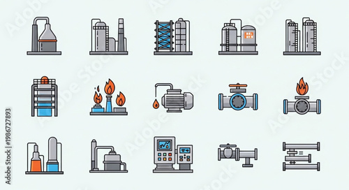 Oil and Gas Industry Icons - Refinery, Pipelines, and Equipment.