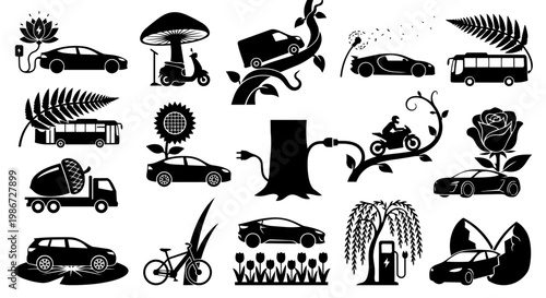 A collection of black and white silhouette icons depicting sustainable transportation, electric vehicles, and nature integration, symbolizing eco-friendly mobility and environmental consciousness.